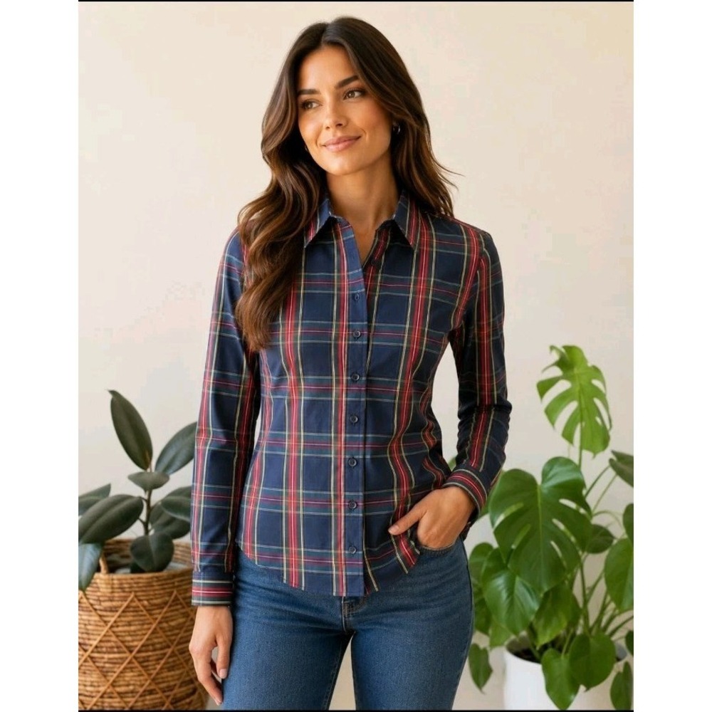 The Shirt Rochelle Behrens Tartan Plaid Long‎ Sleeve Button Up Women XS Navy Red